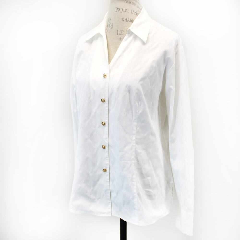Talbots white embossed cotton button up long sleeve blouse shirt top slits 14